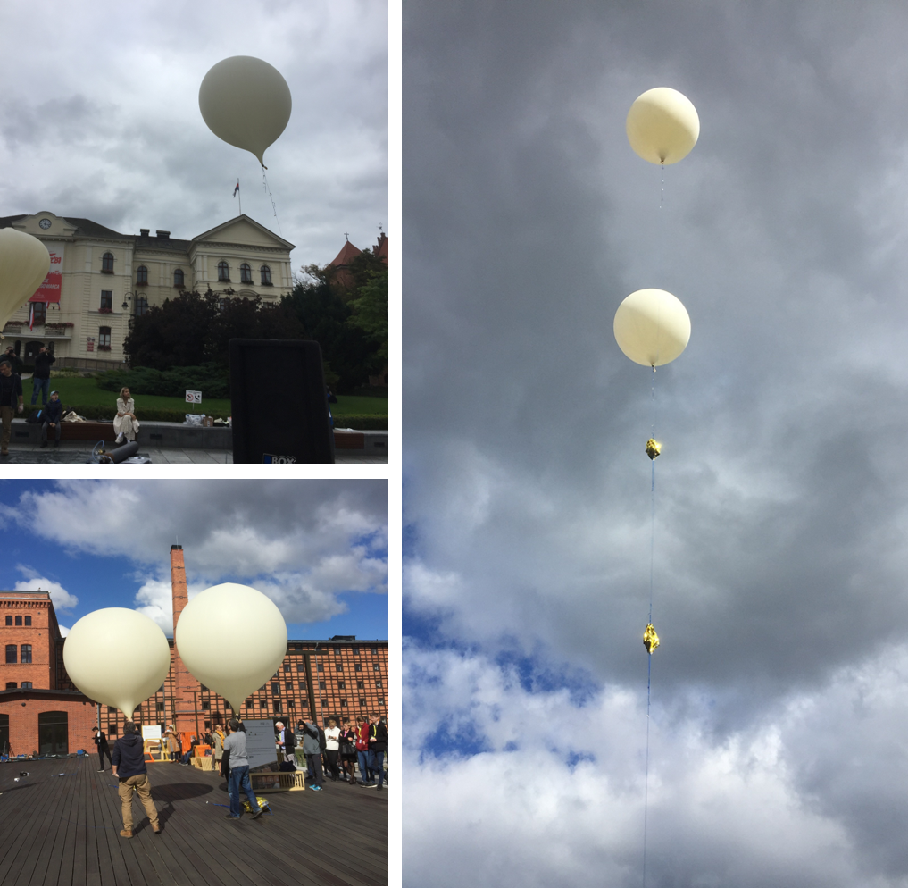 Fot. 17. Dwie balonowe misje stratosferyczne zorganizowane na Starym Rynku oraz na Wyspie Młyńskiej w trakcie 47 Zjazdu Fizyków Polskich przy znaczącym zaangażowaniu organizacyjnym pracowników Katedry Biofizyki