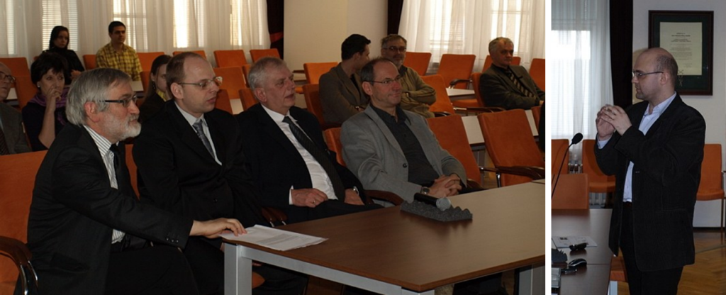 Fot. 15. Międzynarodowe seminarium „Soft Matter & Biophysics Days in Bydgoszcz 14 - 16. 04. 2010”. Lewy panel: w pierwszym rzędzie od lewej dr hab. Stefan Kruszewski, prof. UMK, dr Maciej Bosek, prof. Bronisław Grzegorzewski, prof. Roland Winkler słuchają wykładu. Prawy panel: mgr inż. Michał Cyrankiewicz prezentuje wyniki badań, które złożyły się na obronioną w 2011 r. pracę doktorską