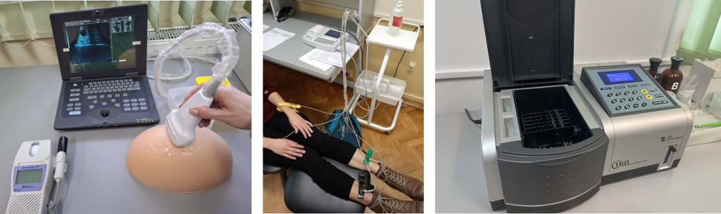 Fot.13. Przykładowe ćwiczenia laboratoryjne w studenckiej pracowni biofizyki (2025 r.) – od lewej kolejno: podstawy ultrasonografii, podstawy elektrokardiografii, spektrofotometria – sprawdzanie prawa Beera.